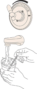 Place a thermometer in a plastic tumbler and hold the tumbler in the water stream.